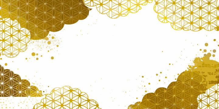 Golden asanoha hemp leaf pattern with star shapes frames a white background