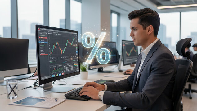 Young businessman monitoring stock exchange performance on computer with percentage symbols and charts in bright contemporary office.