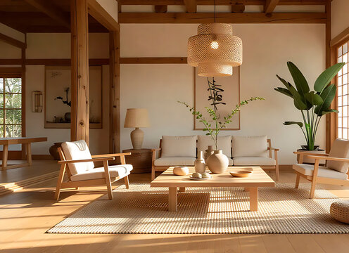 Japandi living room showcasing a blend of minimalist design and organic materials with natural wood beams. Modern furniture. Woven accents. Potted plants. And ceramic vessels