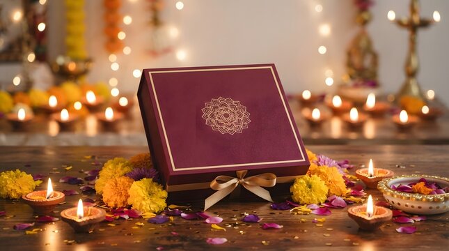 A decorative gift box surrounded by marigold flowers and lit oil lamps for diwali celebration