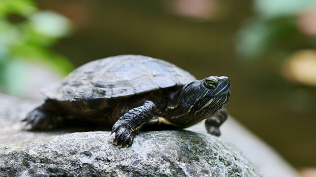 A turtle rests on a weathered stone surface with green foliage softly blurred in the background