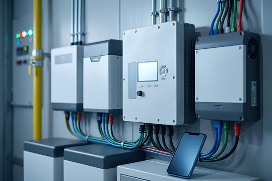 Modern hybrid solar power microgrid inverter setup with energy storage system, remote smartphone control app integration, and green technology