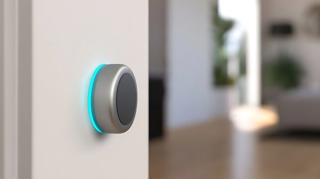 A sleek circular device with glowing blue ring mounted on a white wall in a modern interior space