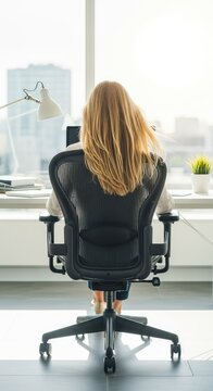 Una bionda chioma fluente ripresa da prospettiva posteriore in un ufficio moderno con scrivania, sedia ergonomica e luce solare diffusa, biondi, mattina, sedia