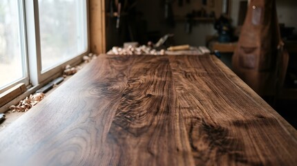 Fototapeta premium Woodworking tabletop surface in studio, rustic wood grain, natural light from window