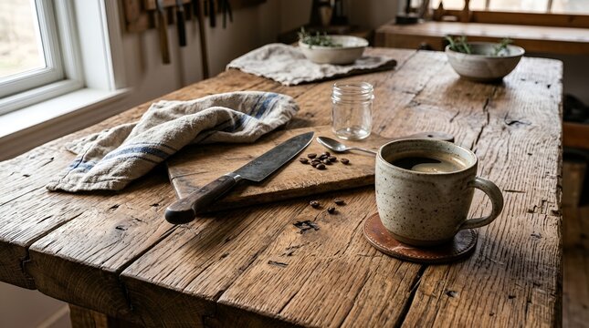Rustic coffee break on weathered wooden table with knife, herbs, window light