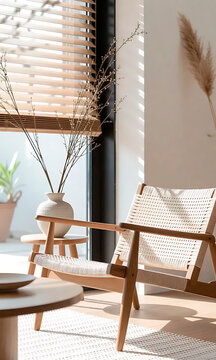 Japandi living room interior showcasing a woven wooden chair, a ceramic vase with dried branches, and a subtle rug, bathed in natural light from wooden window blinds