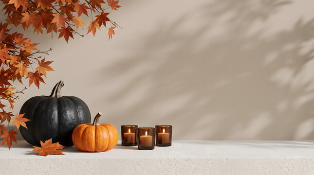 Autumn Minimalist Still Life with Black and Orange Pumpkins, Lit Candles and Maple Leaves; Copy Space on Wall for Thanksgiving Day Sale Web Banner.