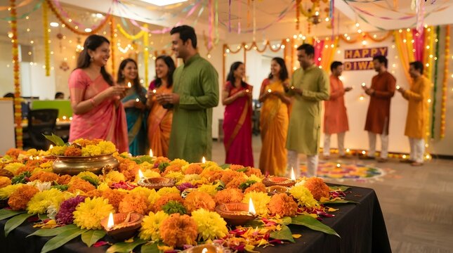 Group of indian colleagues celebrating diwali festival in office with traditional clothes and marigold flowers