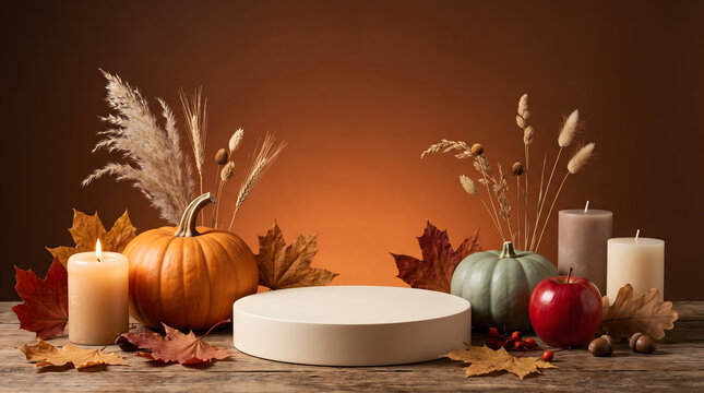 Autumn Product Display Podium with Orange Pumpkin, Red Apple and Candles on Wood Table; Fall Mockup Background for Thanksgiving Day Sale Web Banner Promotion.