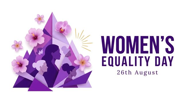 Women's Equality Day poster with purple floral geometric design and 26th August celebration text