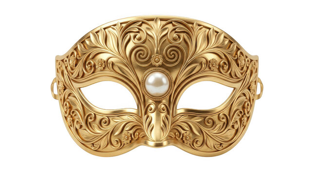 Elegant gold masquerade mask with a pearl centerpiece isolated on transparent background