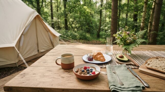A healthy breakfast with coffee bowl and croissant served on a wooden table at a camping site in a beautiful sunny green forest