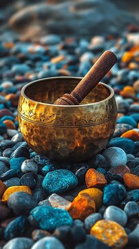 Golden singing bowl on stones