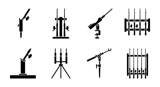 Fishing Rod Holders, Rod Racks, Carp Fishing Equipment, Angling Gear, Sports Accessories, Vector Icons