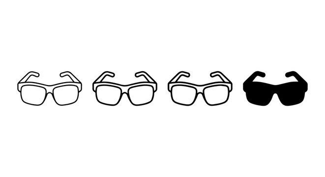 Four Eyewear Icons, One Black Sunglasses Silhouette, Simple Outline Glasses Vector Set