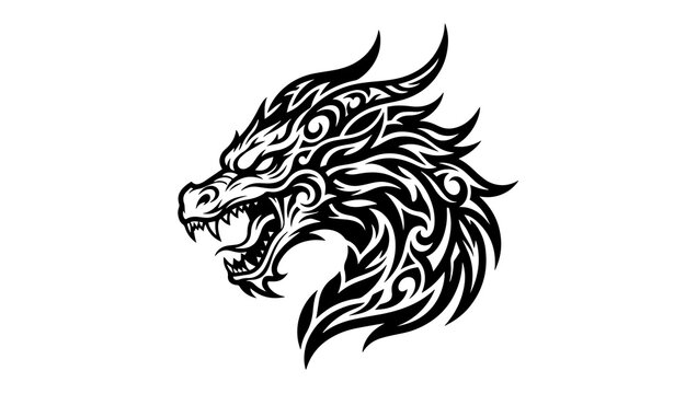 Tribal Dragon Head Icon On PNG Background, dragon, tribal, mythology, fantasy, power, dragon head, mythical, legendary, fierce, beast, creature, mane, flowing lines, sharp, 