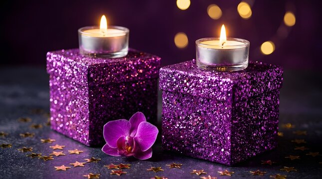 Two purple glitter gift boxes with lit tea light candles and a purple orchid flower on a dark surface with scattered gold star confetti