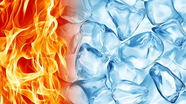 Fiery flames contrasted with glacial ice cubes.