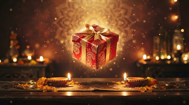A red gift box with a gold ribbon floating in the air above a table with traditional indian oil lamps and marigold flowers