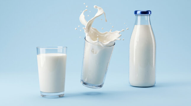 Close-up of a glass milk bottle with a white milk splash against a clean white