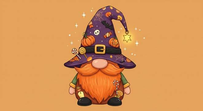 Halloween Gnome Illustration in Cute Wizard Hat Decorated with Pumpkins, Bats, and Candy