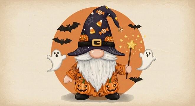 Halloween Gnome Wizard Illustration with Magic Wand, Cute Ghosts, Bats, and Candy Corn Hat for Autumn Season