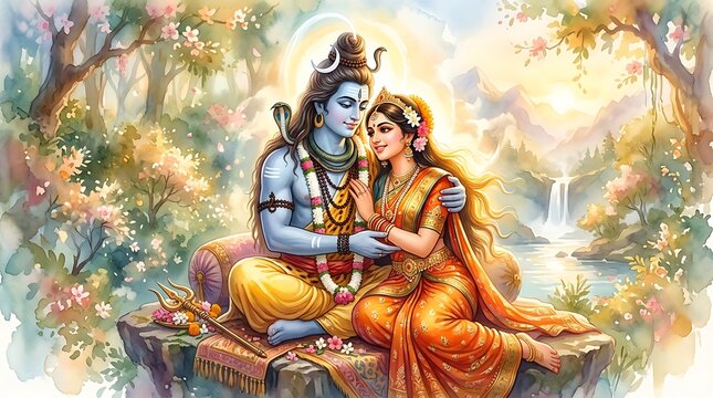 Lord shiva and goddess parvati in a serene setting