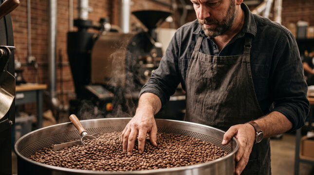 Artisan coffee roaster inspecting freshly roasted beans in a cooling tray