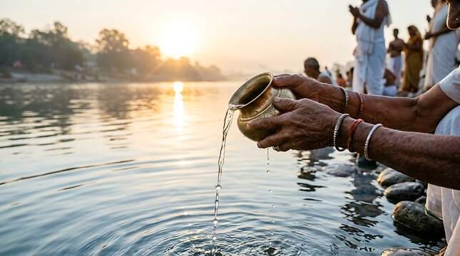 Devotee pouring water from a pot into a river at sunrise