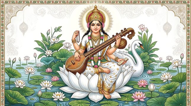 Goddess saraswati sitting on a lotus flower with a veena and swan
