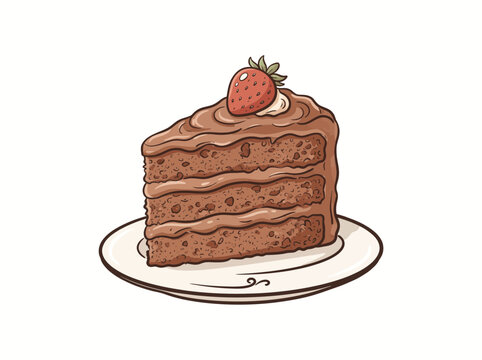Delicious slice of chocolate layer cake with rich frosting and a fresh strawberry on a white plate, cartoon style.
