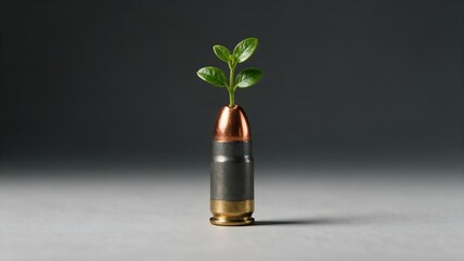 Obraz premium Green plant sprout growing out of a metallic gun bullet casing representing peace and environmental sustainability in this dramatic studio shot with soft grey background