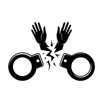 Black and White Vector Illustration of Handcuffs Breaking Apart