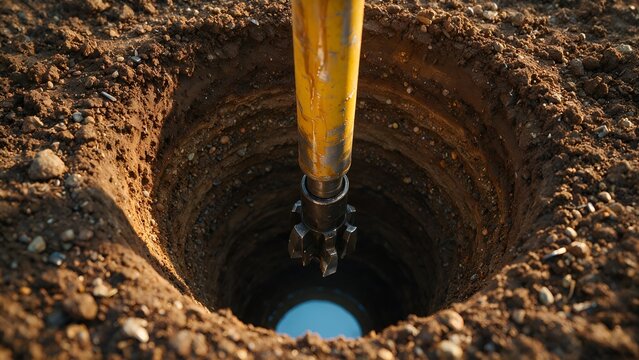 Industrial drilling rig auger bit excavates deep into brown soil ground at a construction site creating a perfect circular hole under bright natural warm lighting