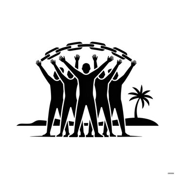 Diverse group of people holding hands in unity with tropical setting