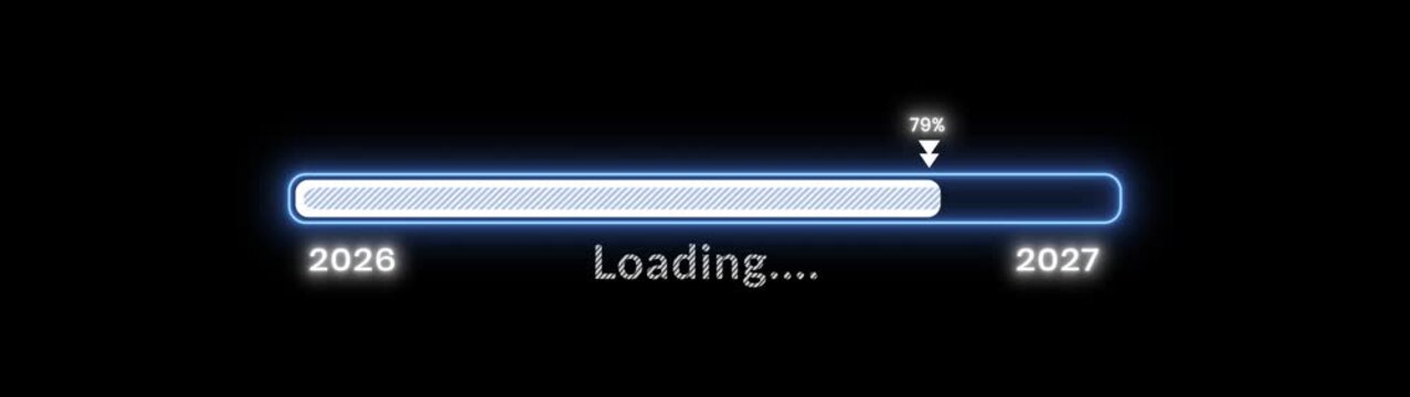 2027 glowing neon new year announcement with 0 to 100 percent number counting. new year transfer from 2026 to 2027 loading bar animation, Happy New Year 2027, year changing 2026 to 2027