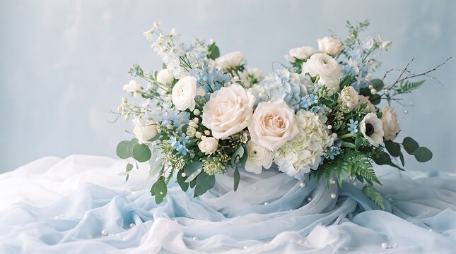 Elegant floral centerpiece featuring white roses and soft blue flowers on delicate draped fabric background