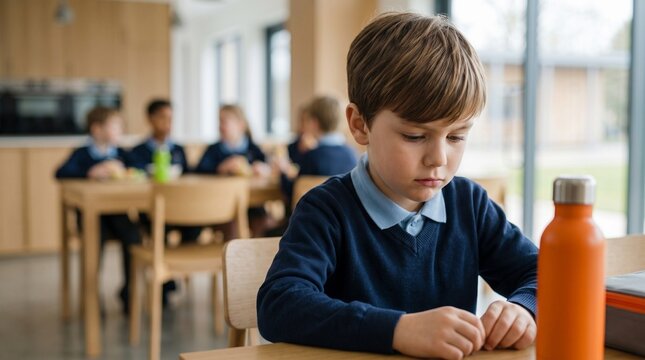 Sad and lonely little boy sitting alone at a table in the school cafeteria. A group of classmates is talking in the blurred background. Concept of social isolation, bullying, and childhood depression