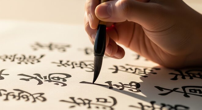 Close-up of hand calligraphically writing intricate Arabic script on paper