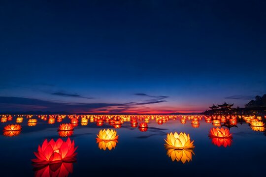Glowing lotus lanterns float across a tranquil lake at sunset beside a traditional pavilion with generous sky copy space for travel and cultural campaigns
