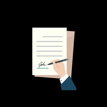 Animated illustration of a person signing a business contract or important document with a pen, representing agreement, approval, authorization, and professional paperwork.