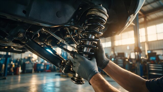 Professional auto mechanic performing detailed suspension maintenance using heavy steel shock absorber components inside a bright industrial workshop with natural sun lighting illuminating the workspa
