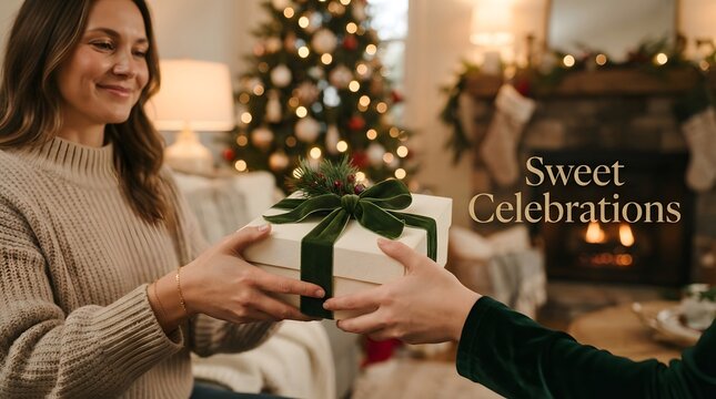 Woman giving a beautifully wrapped gift to a friend during christmas celebration