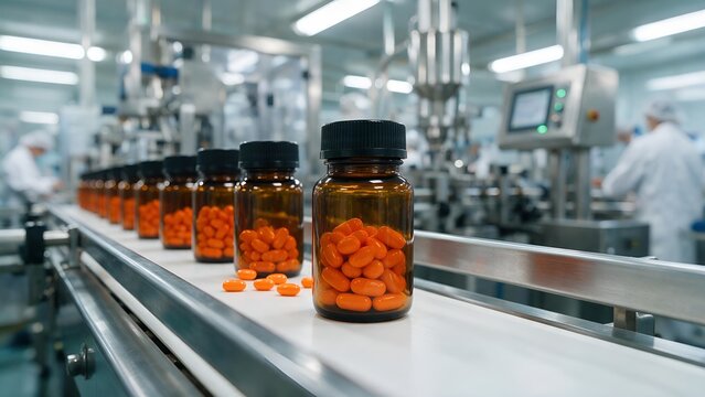 Amber glass medicine bottles filled with orange vitamin capsules moving along a clean industrial conveyor belt inside a high tech automated pharmaceutical manufacturing facility production line