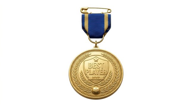 Best Player Gold Medal with Blue Ribbon and MVP Text Isolated on White Background