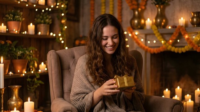 Young woman holding a small golden gift box in a cozy candlelit room during festive season