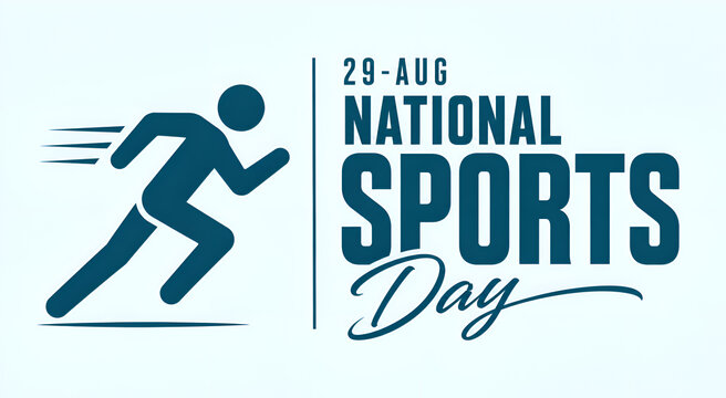 a clean, minimalist horizontal banner for "29-AUG NATIONAL SPORTS Day" with a left-aligned stylized running pictogram and stacked typographic lockup on the right.