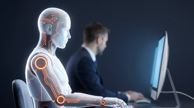White Robot with Highlighted Joints Sitting Next to Businessman Working on Computer, AI vs Human and Automation Concept