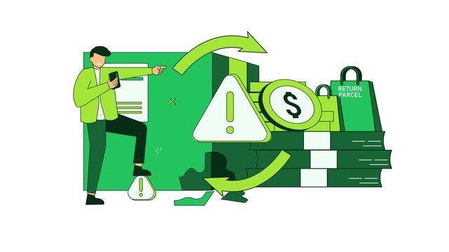 People is angry and wants a refund for the package. Digital icon depicting product return and exchange process, Product Return and Automated Refund